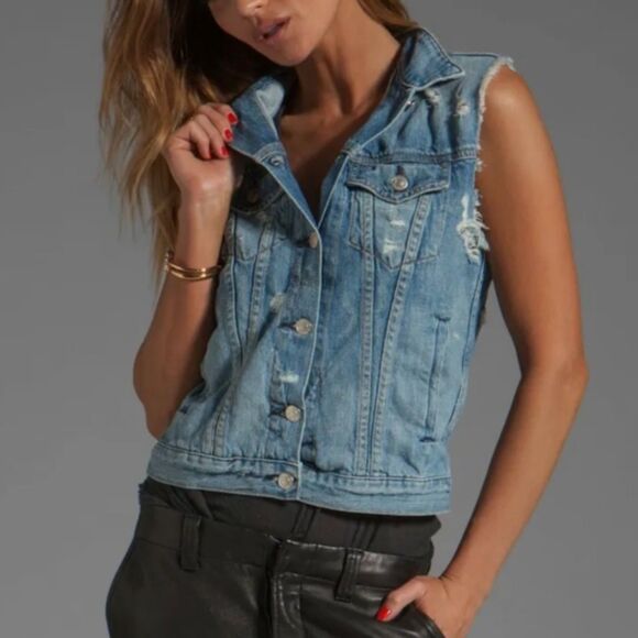 Rag & Bone Tattered Jean Vest Medium Wash 100% Cotton Size Small - Picture 1 of 6